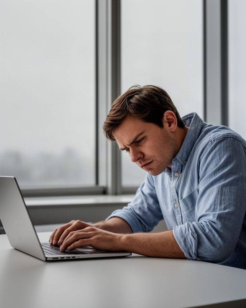 A man at his desk leaning toward his laptop, rereading the same email