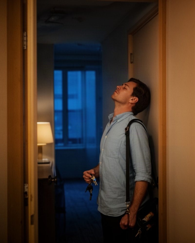 The same man just inside his front door at 6 PM, head against the wall, eyes closed