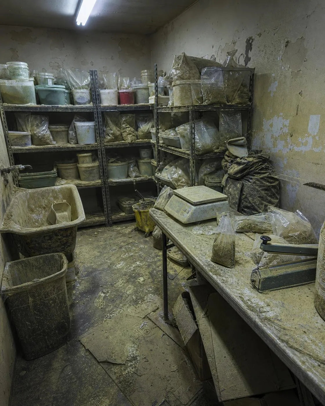 A filthy makeshift bagging room: open sacks and unlabeled tubs of powder, a crusted scale, dust on every surface.