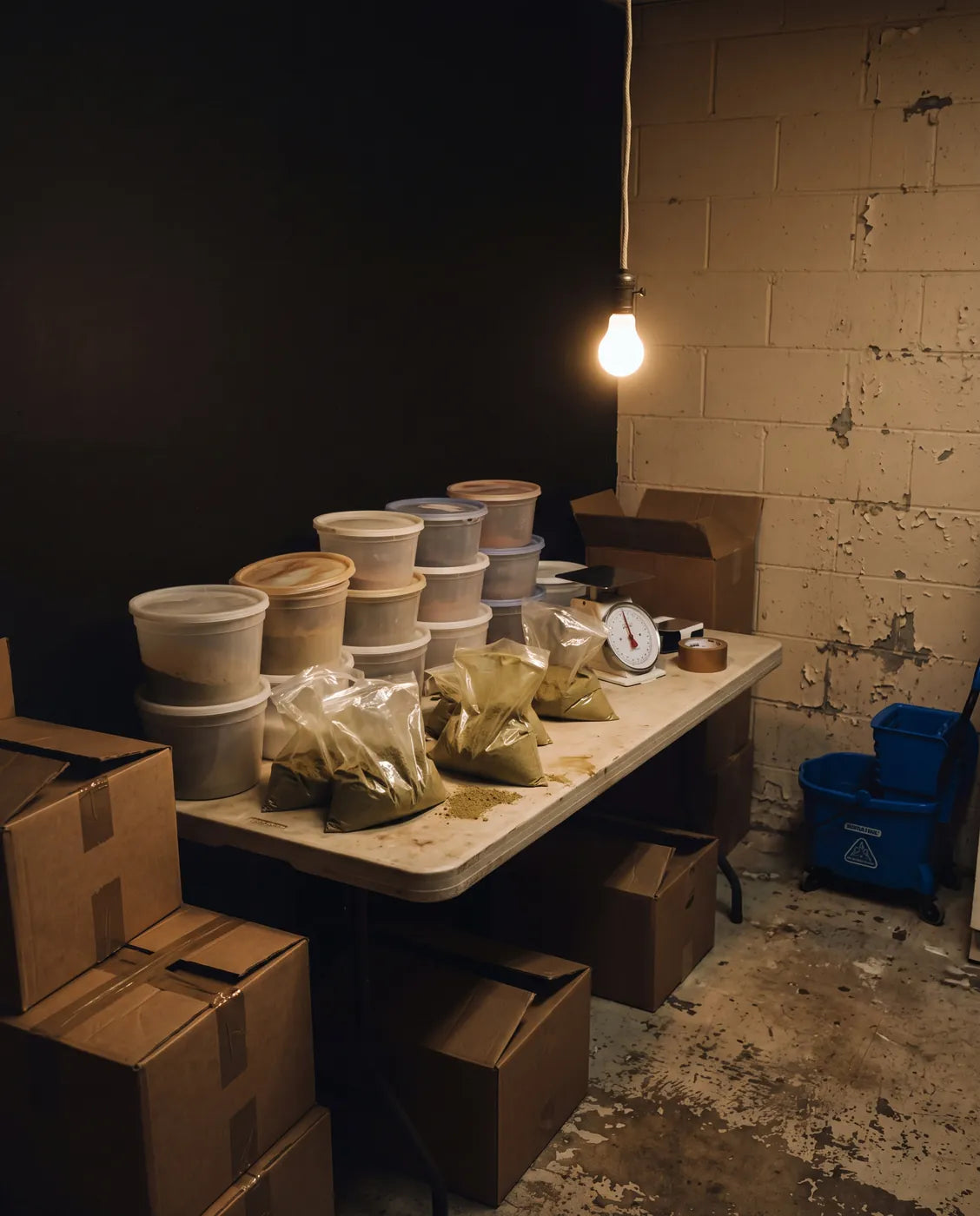 Cluttered unlit back room with unlabeled tubs and open bags of powder.