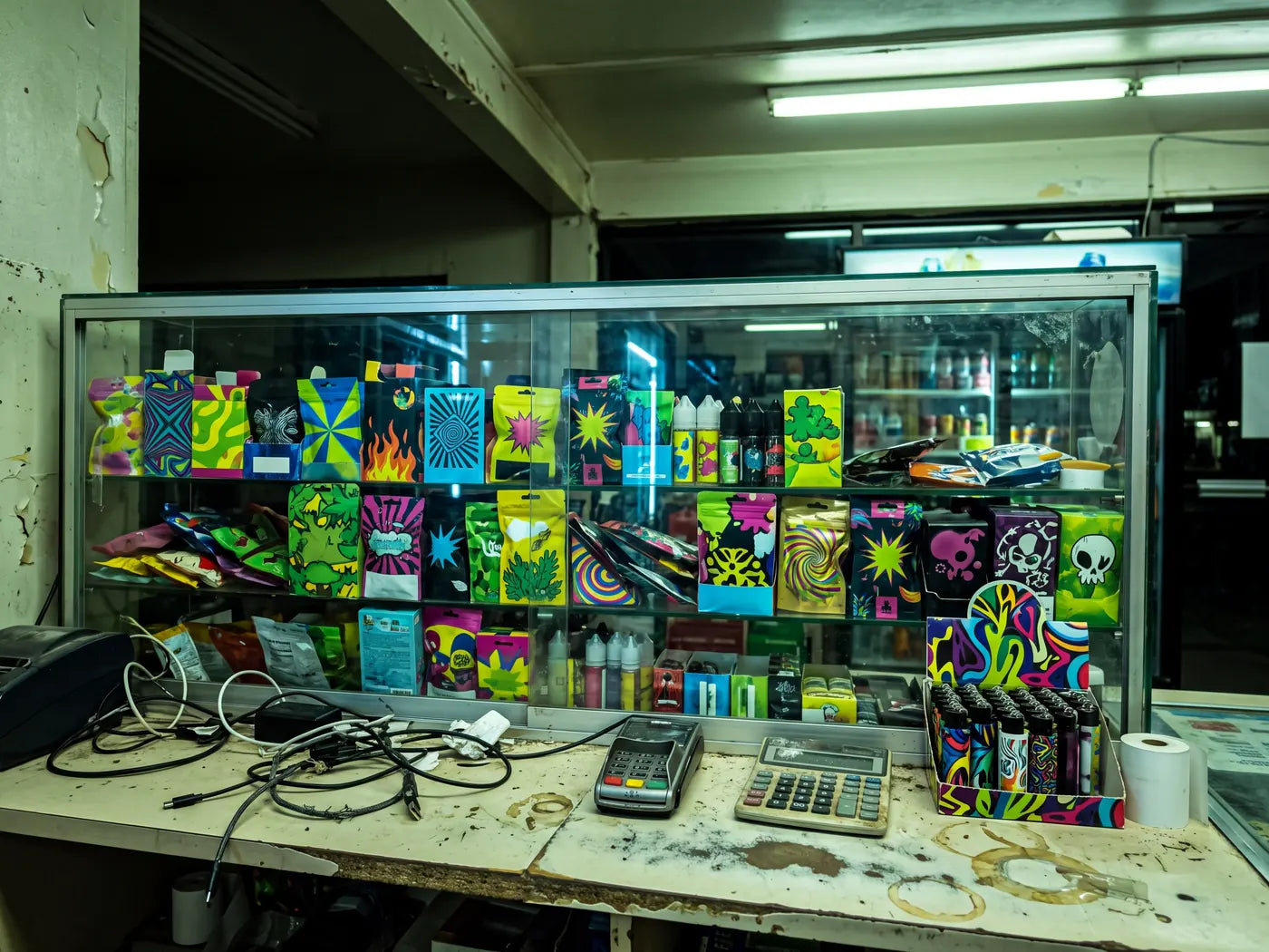 Gas station counter under fluorescent light, a rack of loud unbranded kratom pouches beside the register.