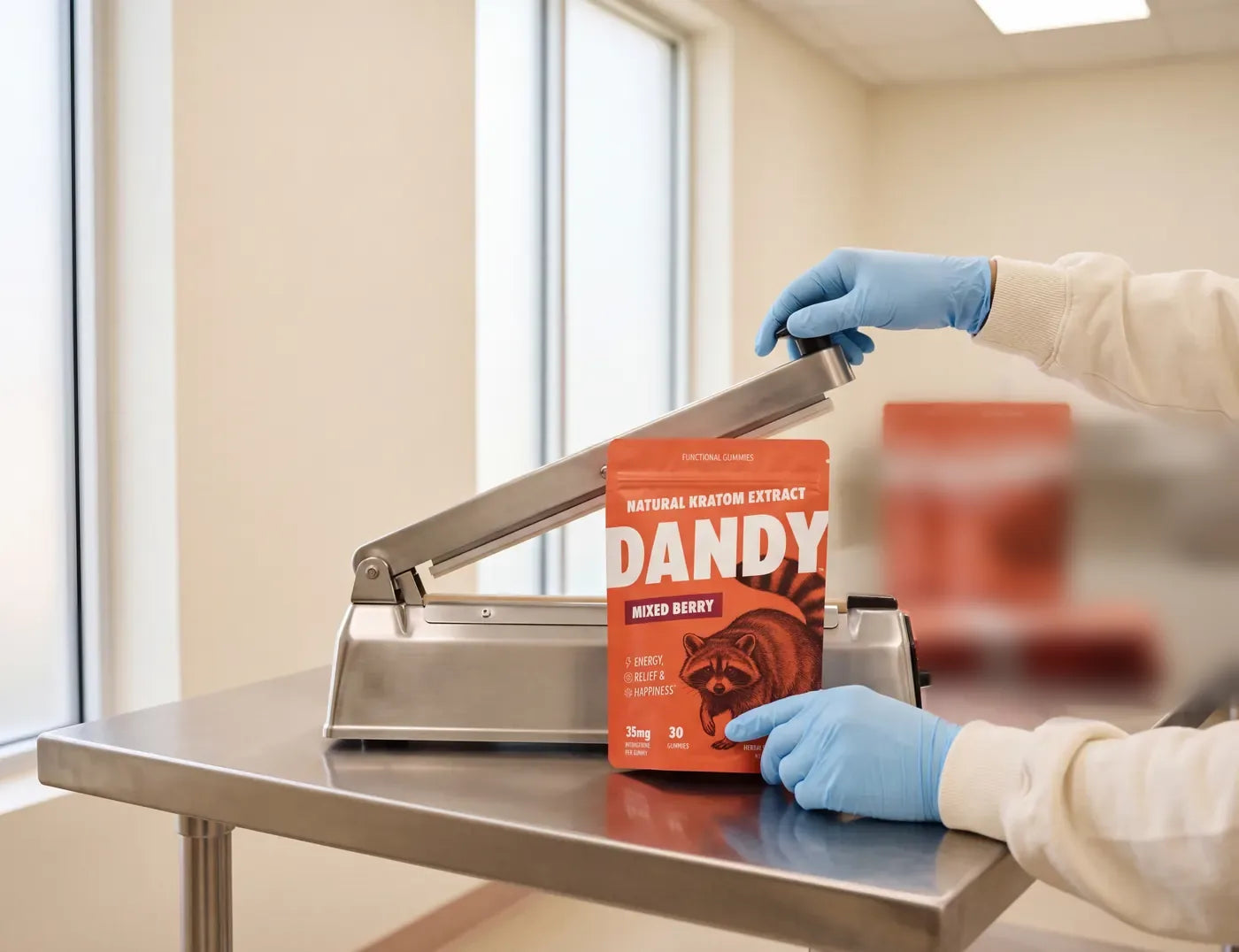 A Dandy pouch passing through the heat sealer.